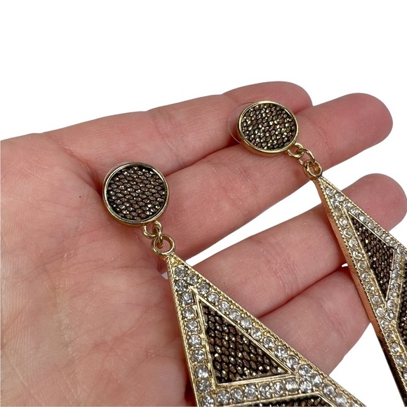 Gold Glitter Black Mesh Rhinestone Triangle Shaped Drop Pierced Earrings - Picture 5 of 8